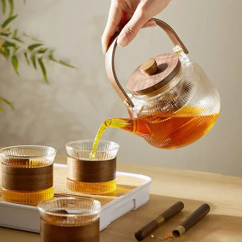 Glass Wooden Handle Teapot