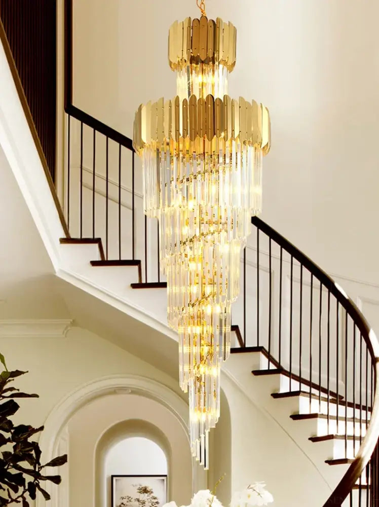 Gold Crystal Staircase Chandelier H300cm Cascading