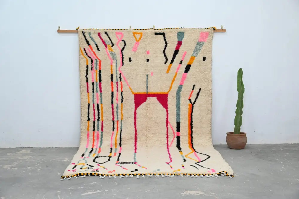 Beige Geometric Moroccan Rug 100 Percent Wool for Living or Bedroom