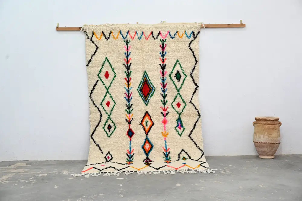 Beige Colorful Azilal Rug with Soft Wool Texture