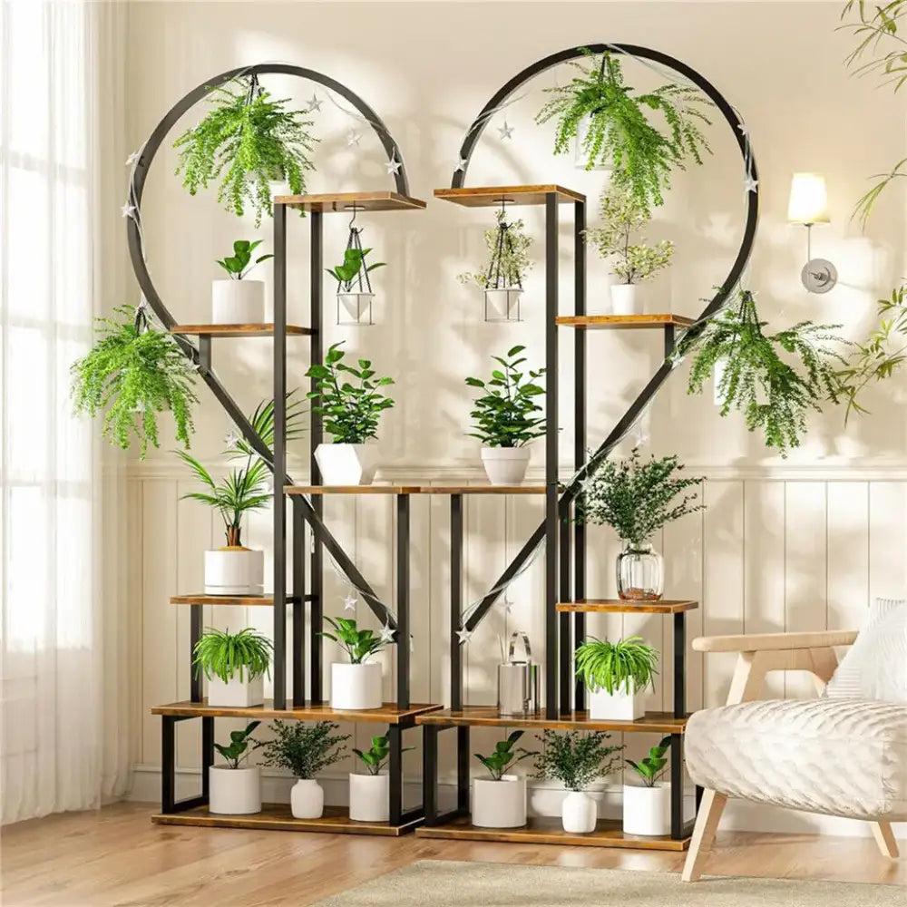 Heart-Shaped Wood Metal Plant Stand with Lights
