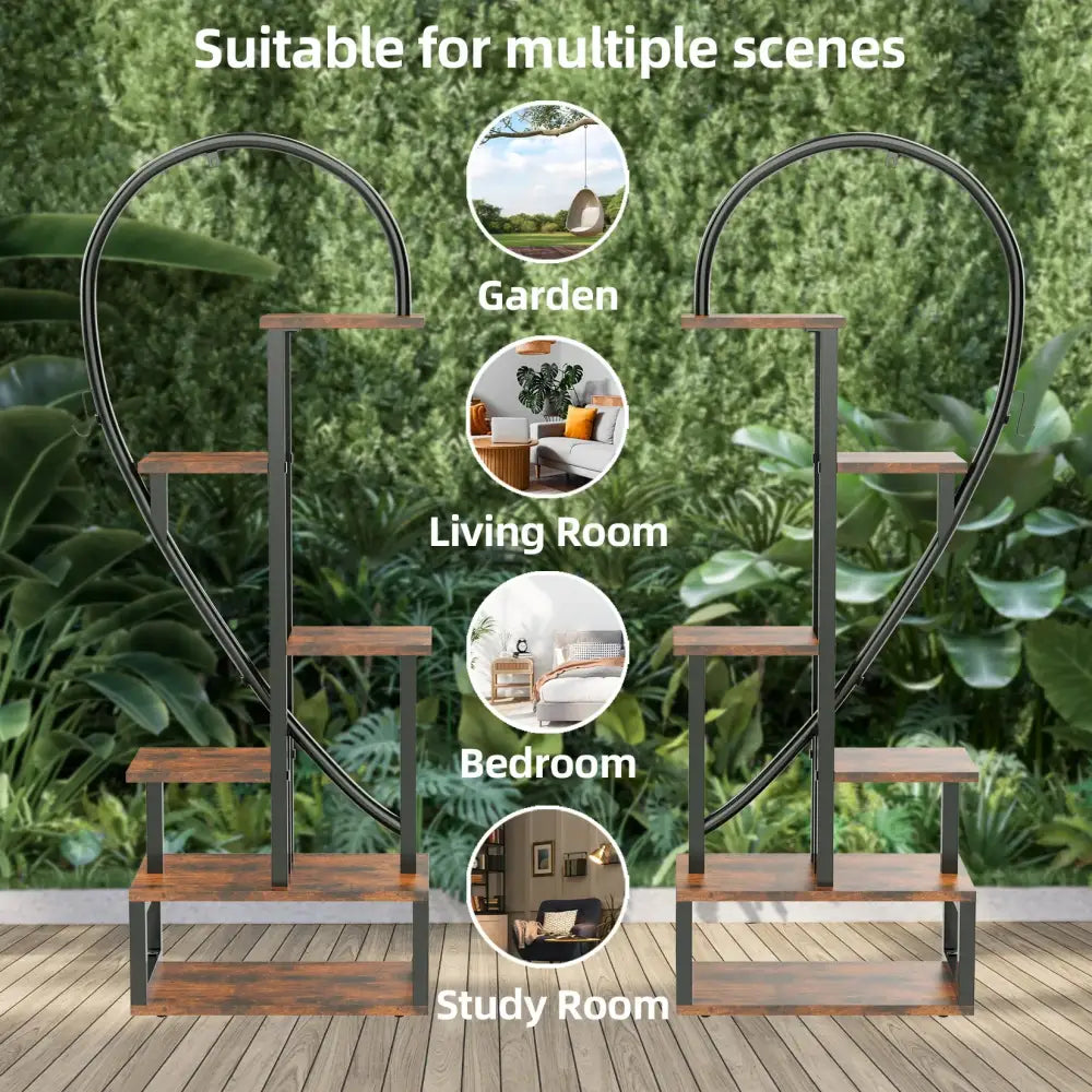 Heart-Shaped Wood Metal Plant Stand with Lights