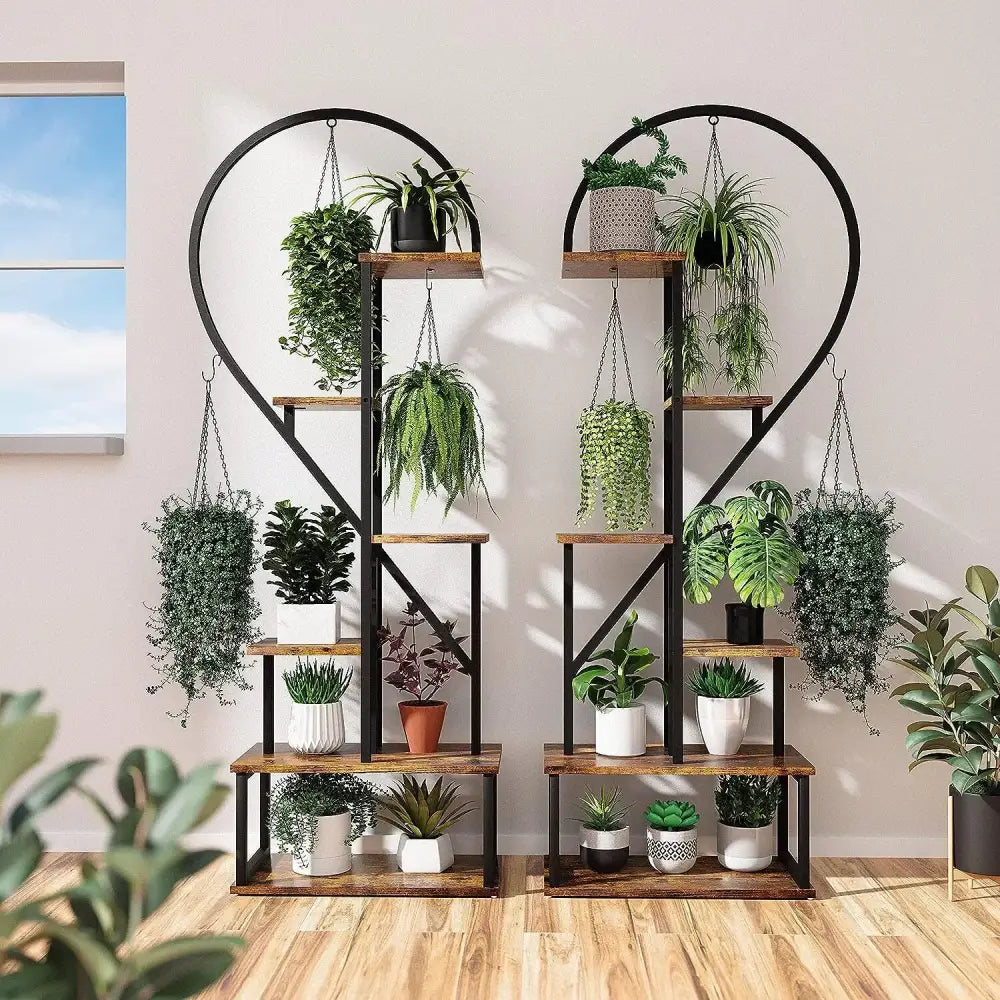 Heart-Shaped Wood Metal Plant Stand with Lights
