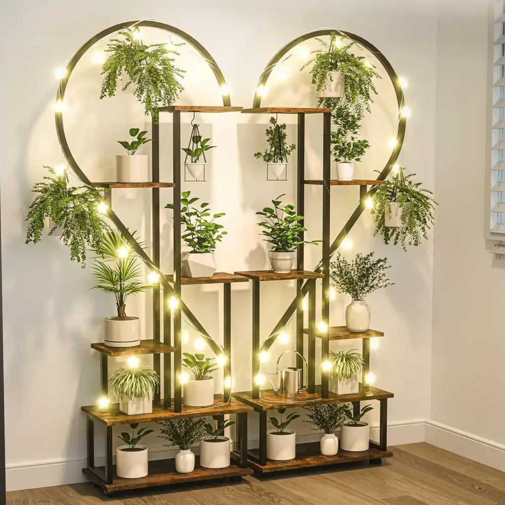 Heart-Shaped Wood Metal Plant Stand with Lights
