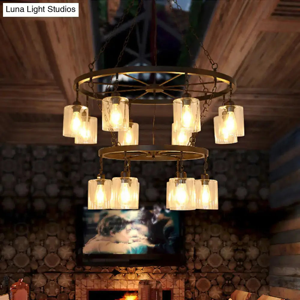 Black Glass Chandelier Two-Tier Industrial Design