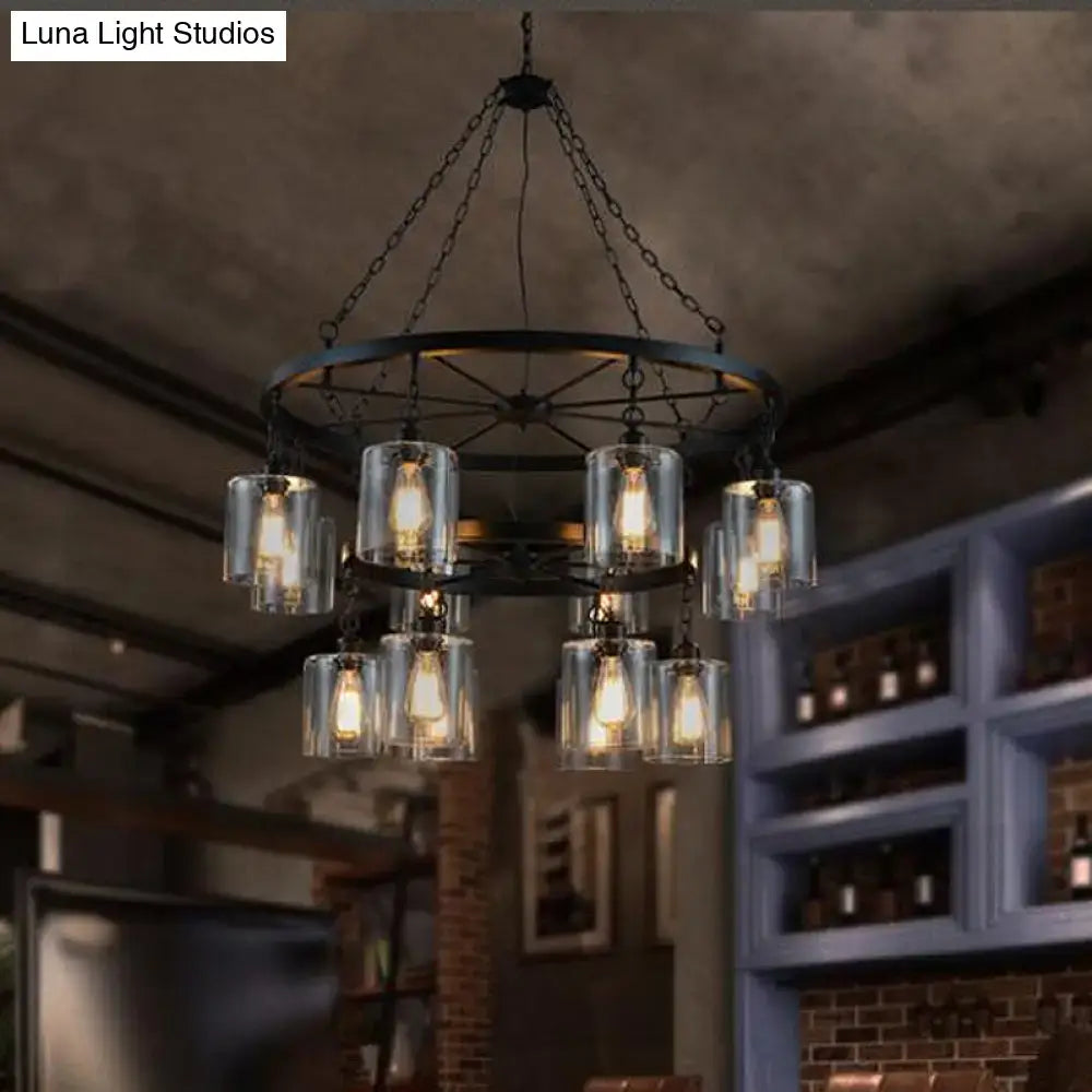 Black Glass Chandelier Two-Tier Industrial Design