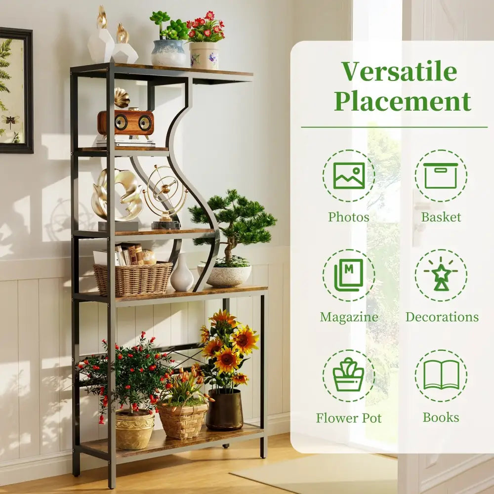 Industrial Black Wood Plant Stand Five-Tier