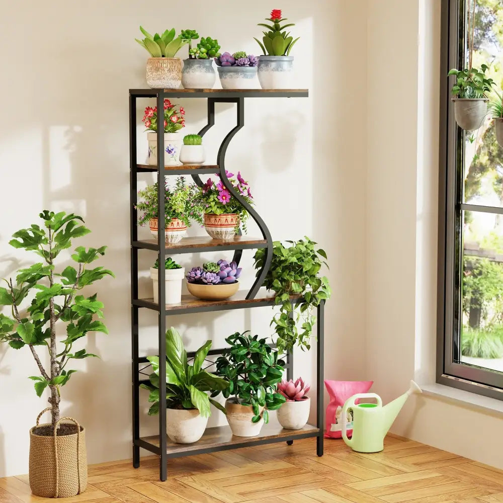 Industrial Black Wood Plant Stand Five-Tier