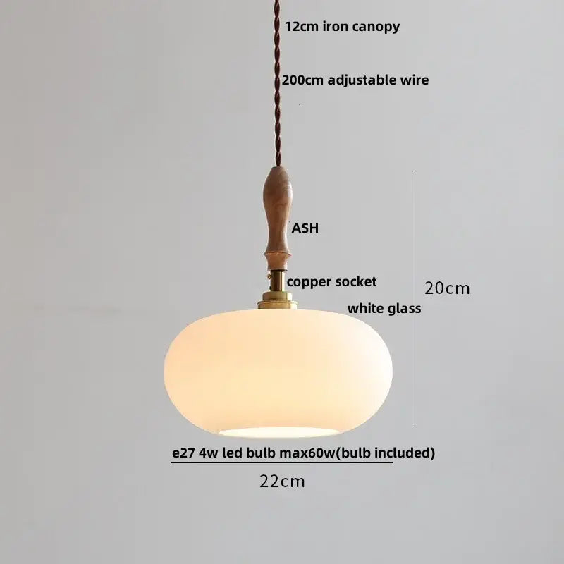 White Ceramic Ash Wood Japanese Pendant Light