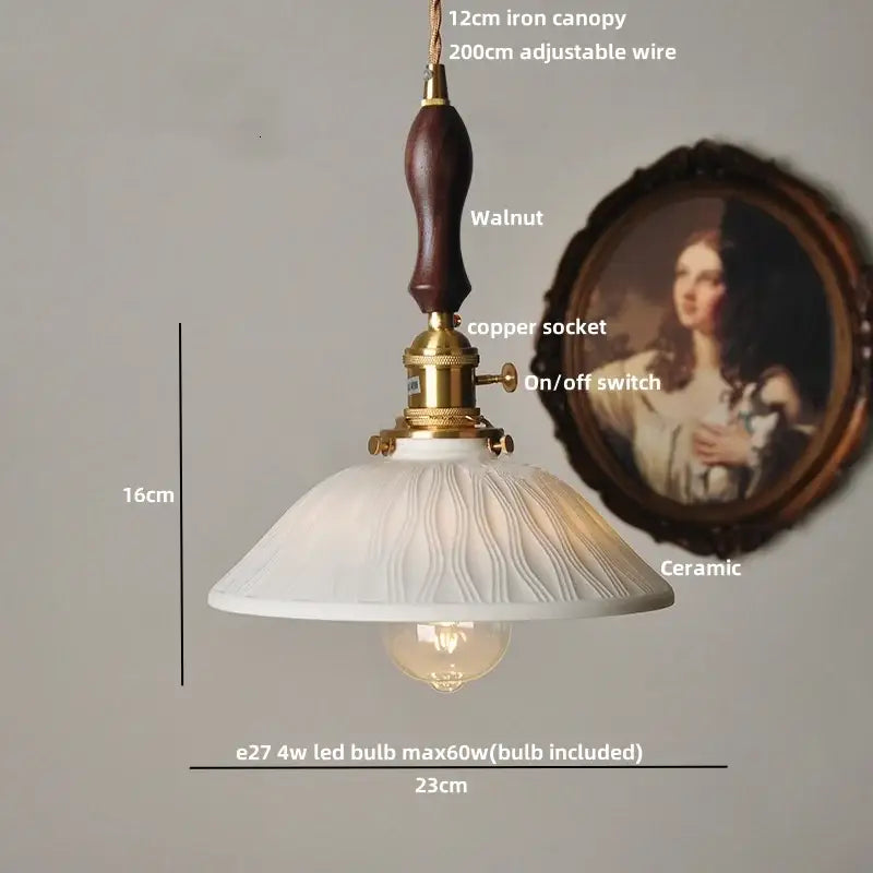 White Ceramic Ash Wood Japanese Pendant Light