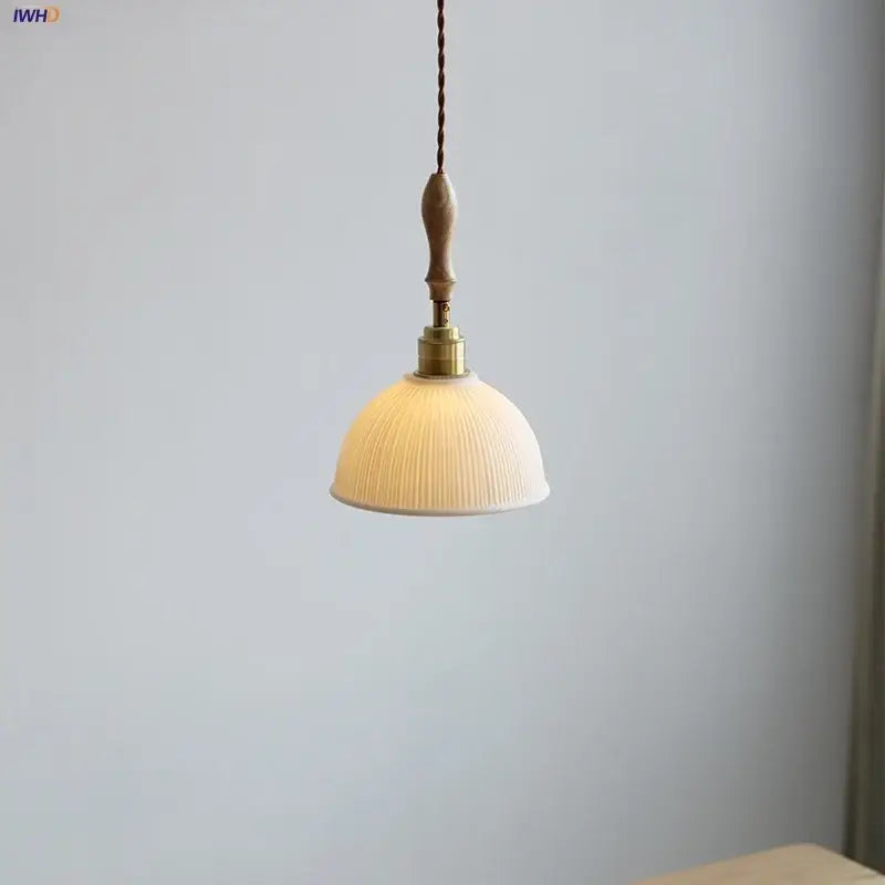 White Ceramic Ash Wood Japanese Pendant Light