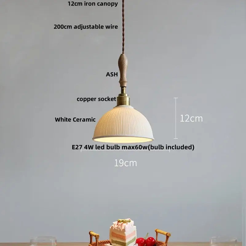 White Ceramic Ash Wood Japanese Pendant Light