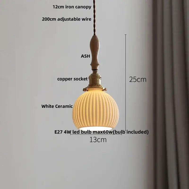 White Ceramic Ash Wood Japanese Pendant Light