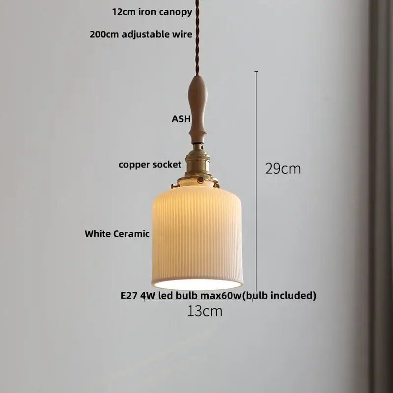White Ceramic Ash Wood Japanese Pendant Light