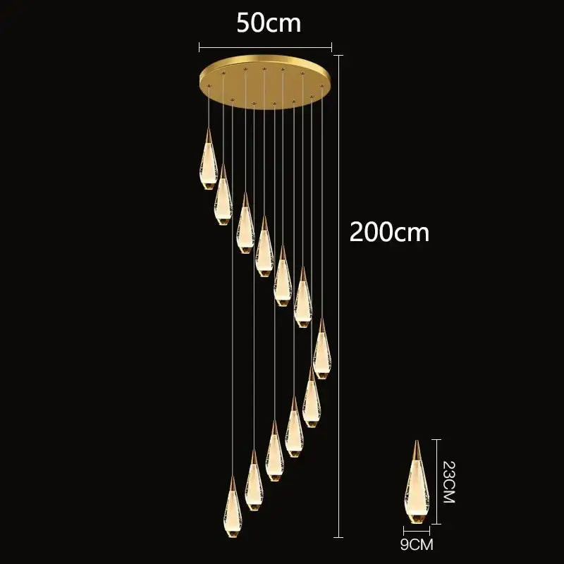 Gold Teardrop Staircase Chandelier 68-Head