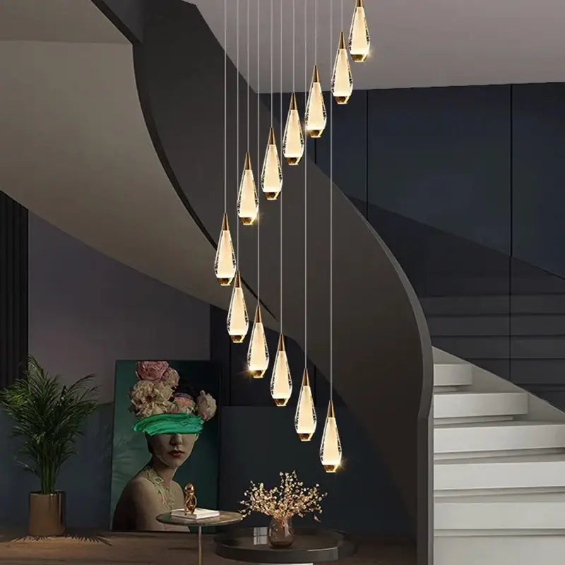 Gold Teardrop Staircase Chandelier 68-Head