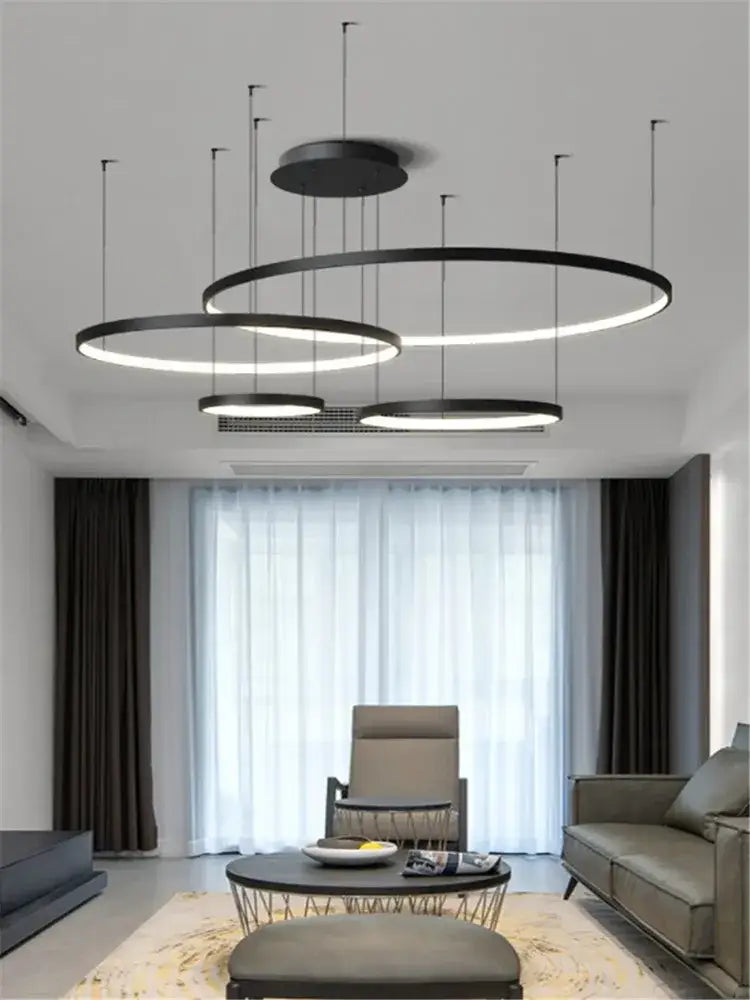 Black LED Pendant Light 6-Ring Design