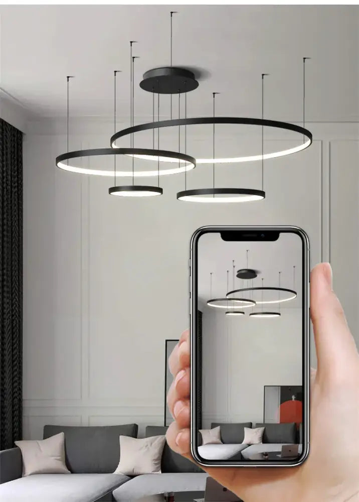 Black LED Pendant Light 6-Ring Design