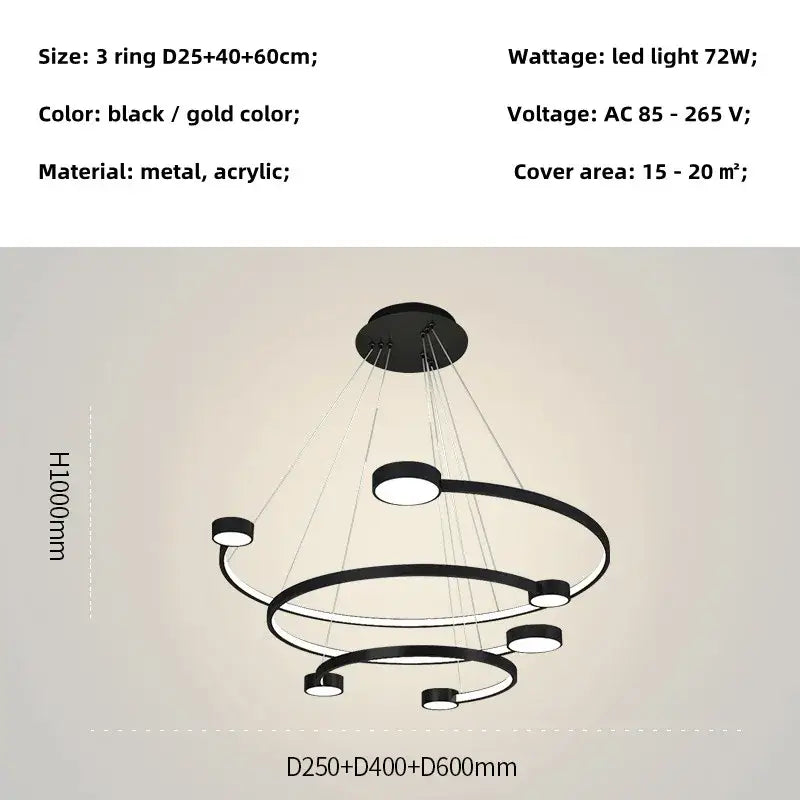 Black LED Ring Chandelier 5-Ring 100cm