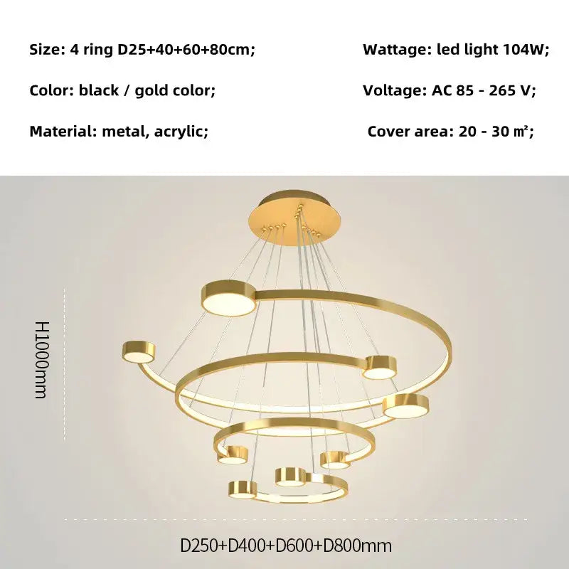 Black LED Ring Chandelier 5-Ring 100cm