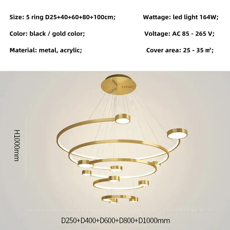 Black LED Ring Chandelier 5-Ring 100cm