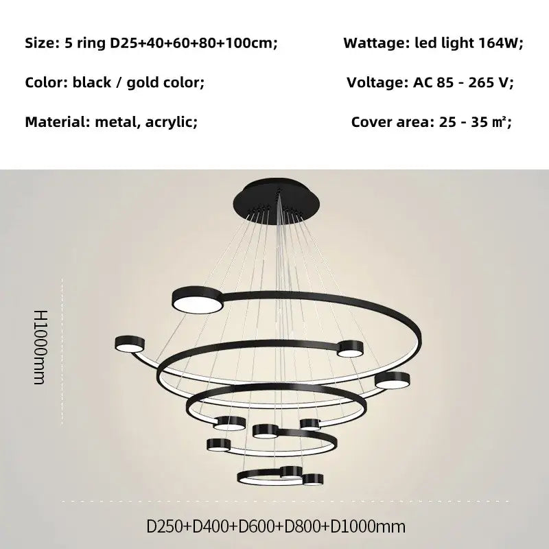Black LED Ring Chandelier 5-Ring 100cm