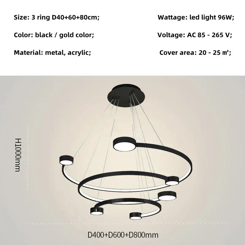 Black LED Ring Chandelier 5-Ring 100cm
