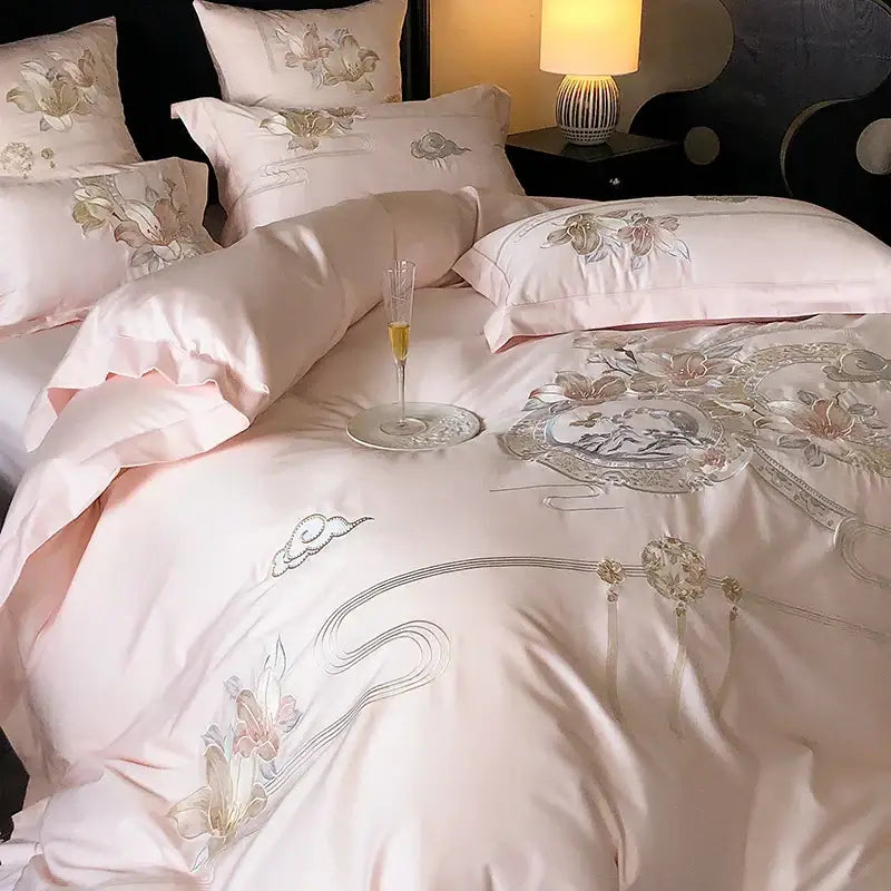Pink Satin Floral Bedding Set