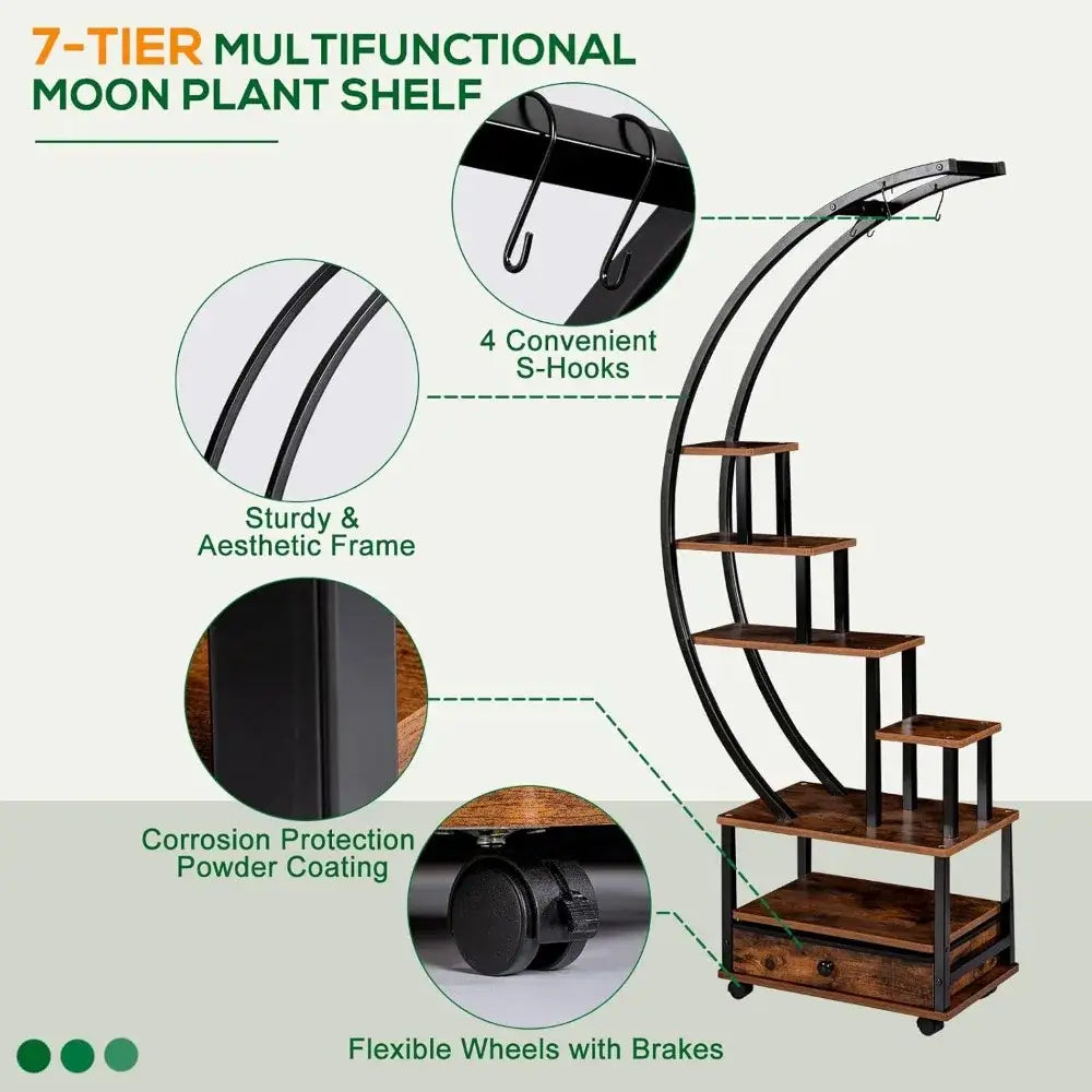 Half-Moon Wood Metal Plant Stand with Wheels