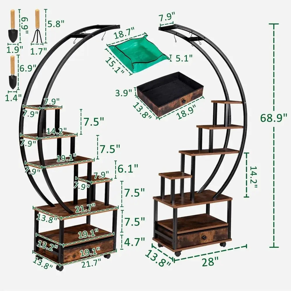 Half-Moon Wood Metal Plant Stand with Wheels