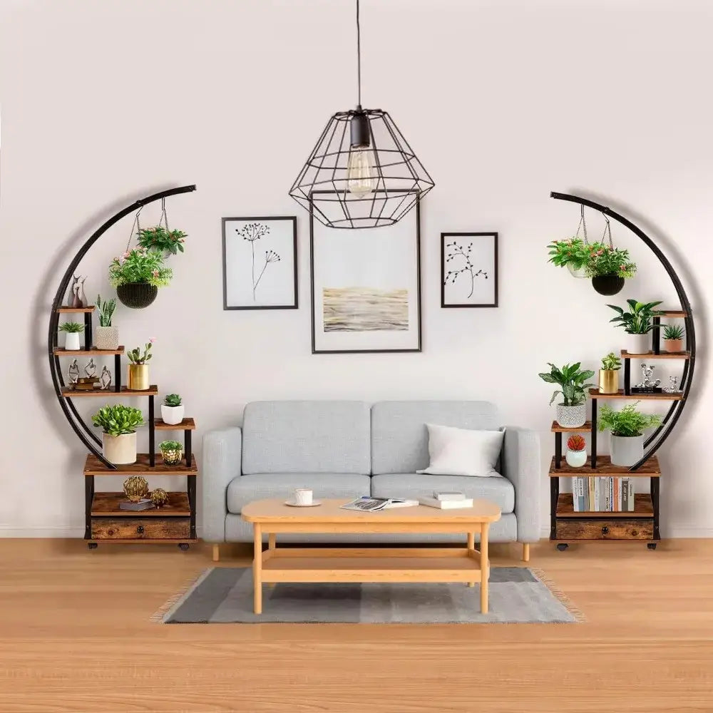 Half-Moon Wood Metal Plant Stand with Wheels