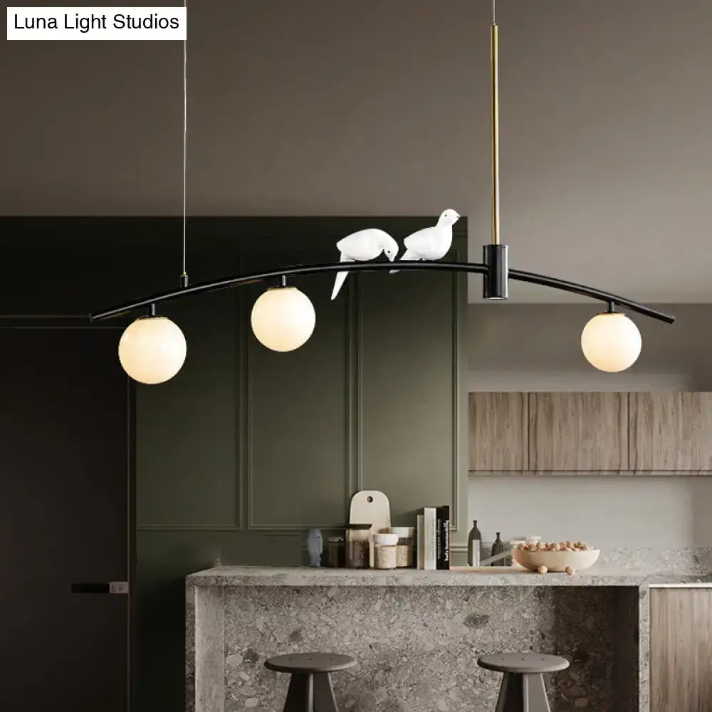 Black Brass Pendant Light with Milk Glass Birds
