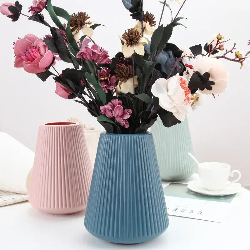 Blue Ribbed Ceramic Vase