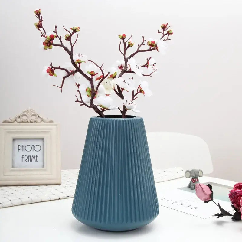 Blue Ribbed Ceramic Vase