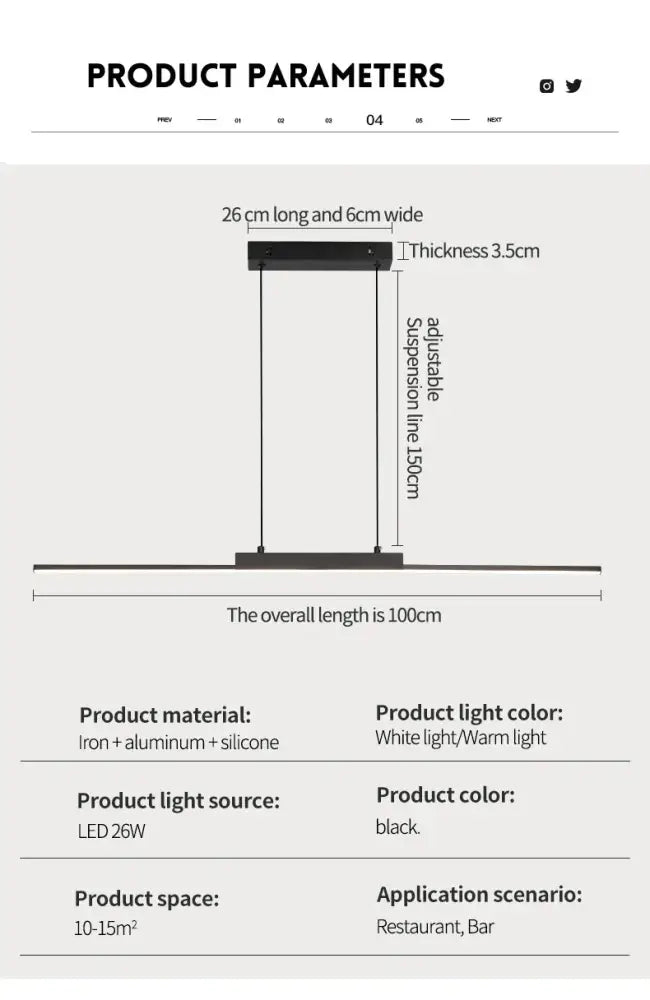 Black Linear Pendant Light 100cm for Dining