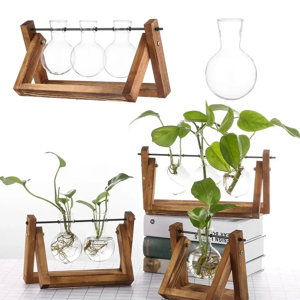 Wood Frame Glass Vase Set