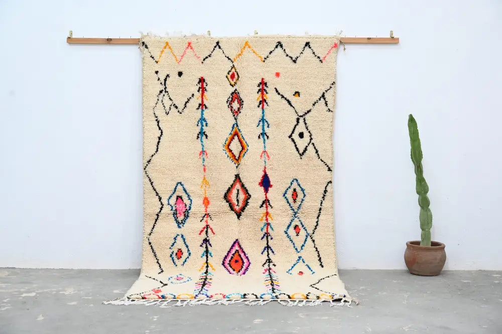 Beige Azilal Moroccan Rug with Vibrant Patterns