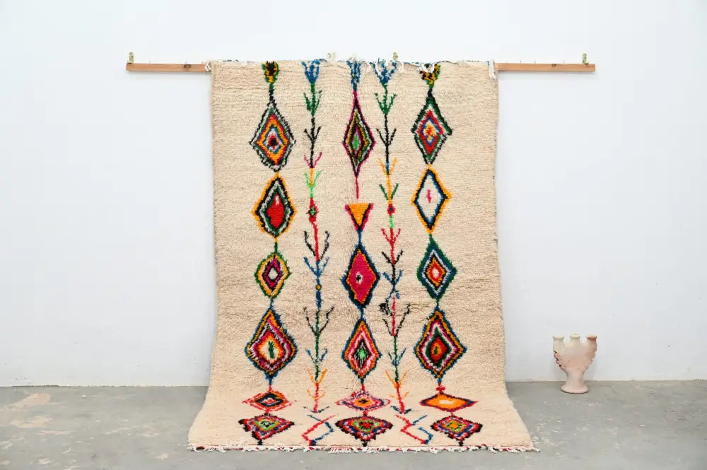 Beige Geometric Azilal Rug Natural Wool for Bedrooms