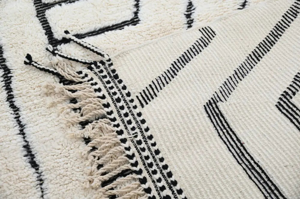 Cream Black Plush Geometric Moroccan Rug