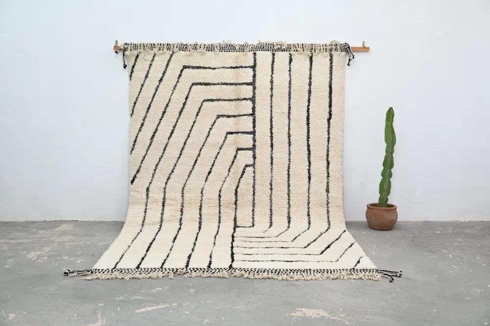 Cream Black Plush Geometric Moroccan Rug