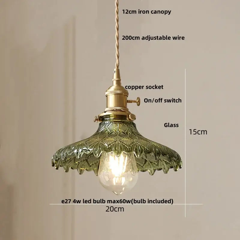 Green Ribbed Glass Brass Pendant Light