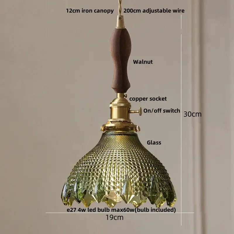 Green Ribbed Glass Brass Pendant Light