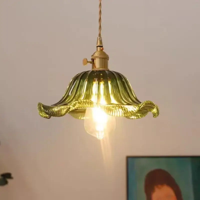 Green Ribbed Glass Brass Pendant Light