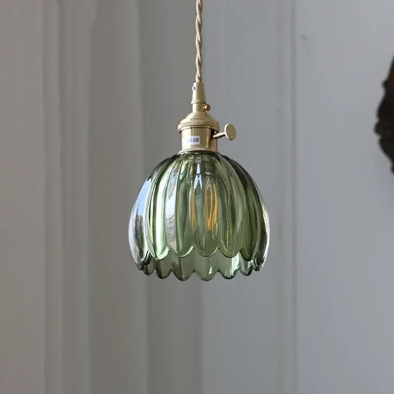 Green Ribbed Glass Brass Pendant Light