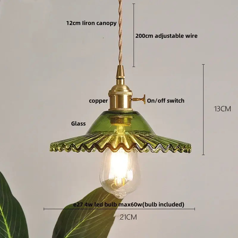 Green Ribbed Glass Brass Pendant Light
