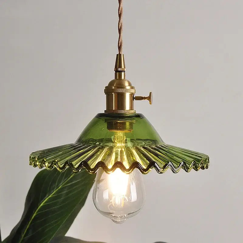 Green Ribbed Glass Brass Pendant Light