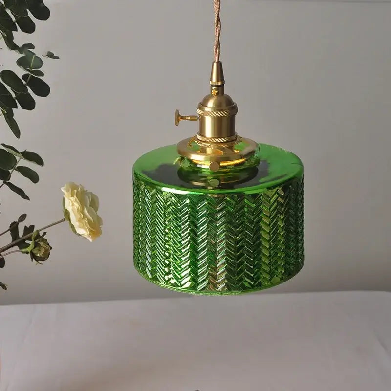 Green Ribbed Glass Brass Pendant Light