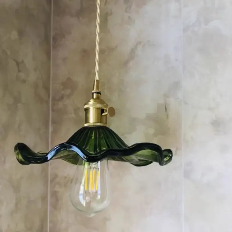 Green Ribbed Glass Brass Pendant Light