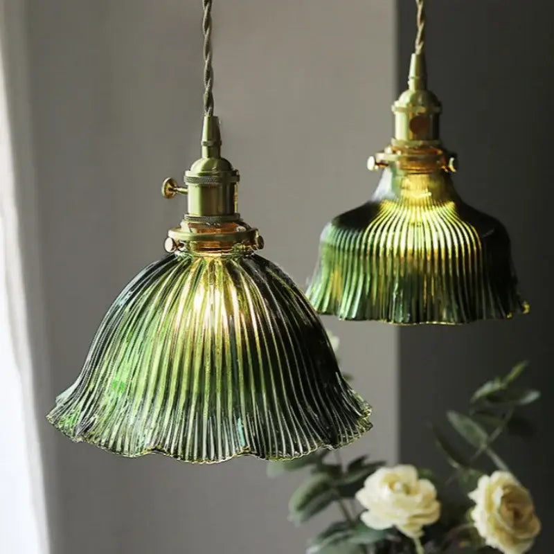Green Ribbed Glass Brass Pendant Light