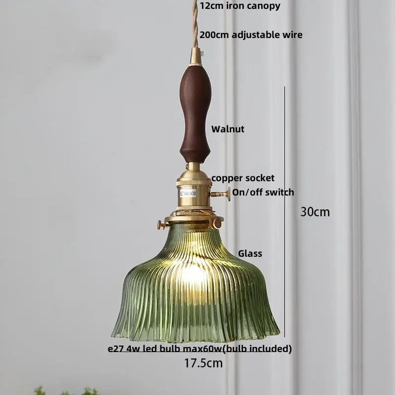 Green Ribbed Glass Brass Pendant Light